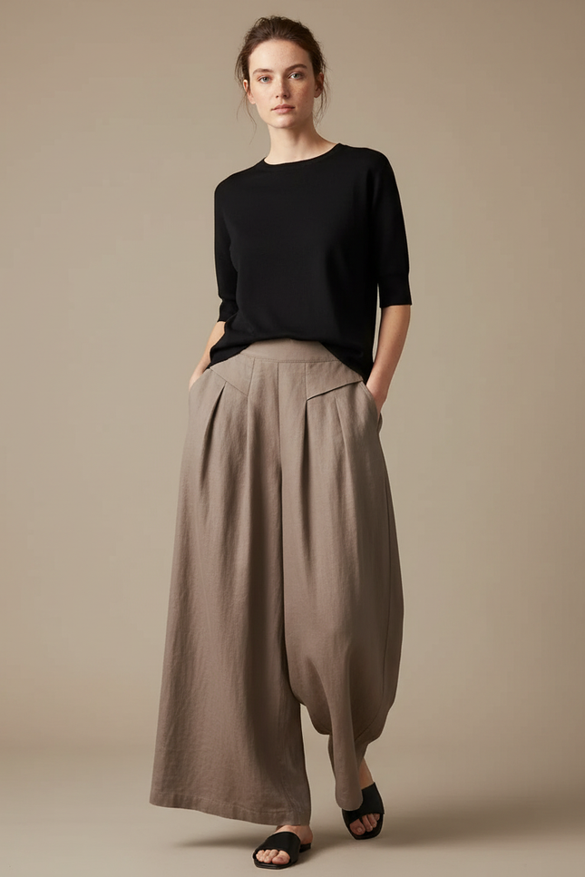 Pantalon Fluide Marron Ample Lin Plissé Élégant