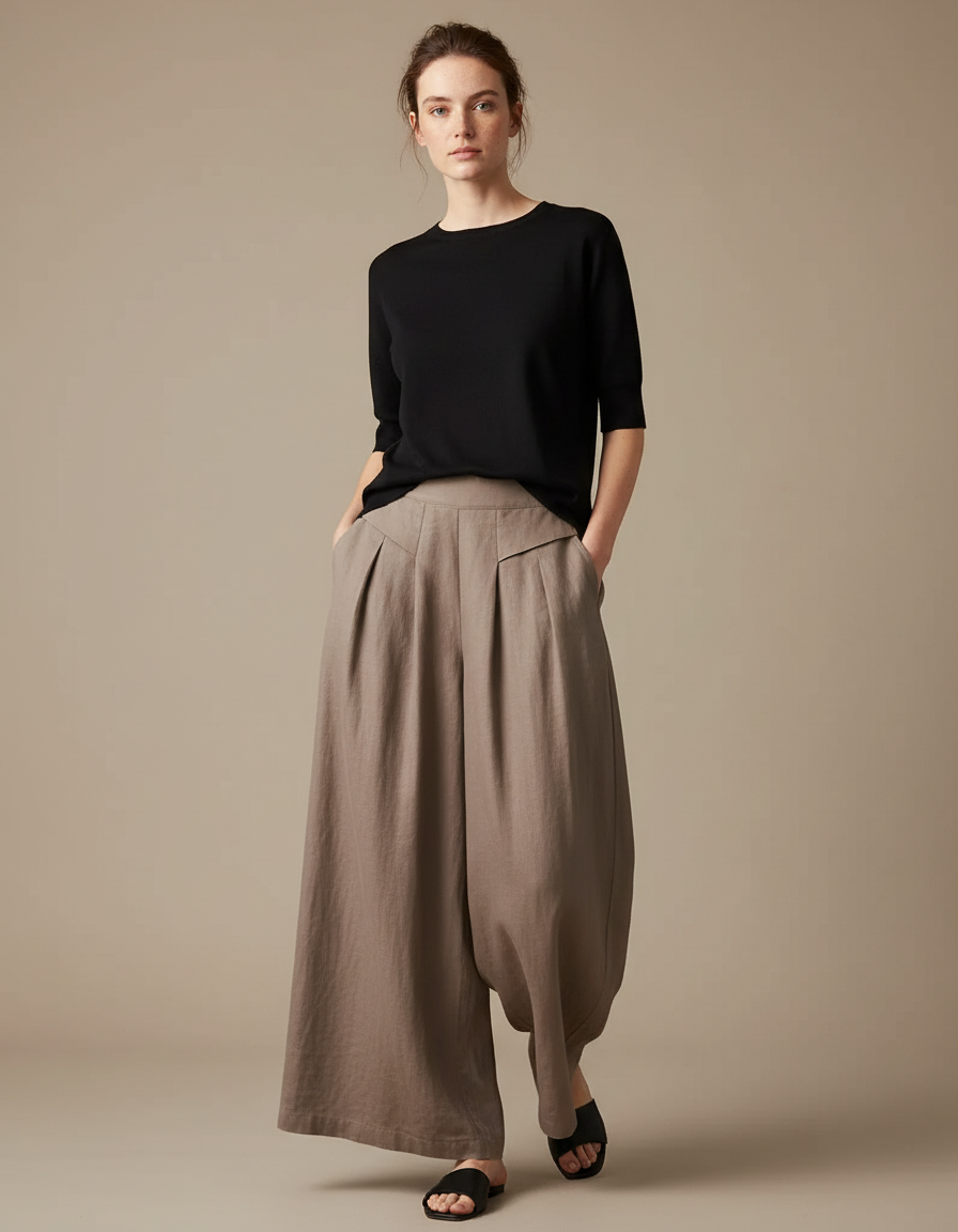Pantalon Fluide Marron Ample Lin Plissé Élégant