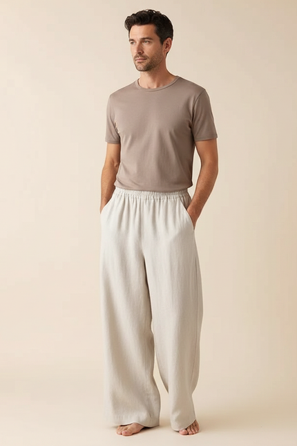Pantalon Fluide Lin Ample Décontracté Homme - Beige