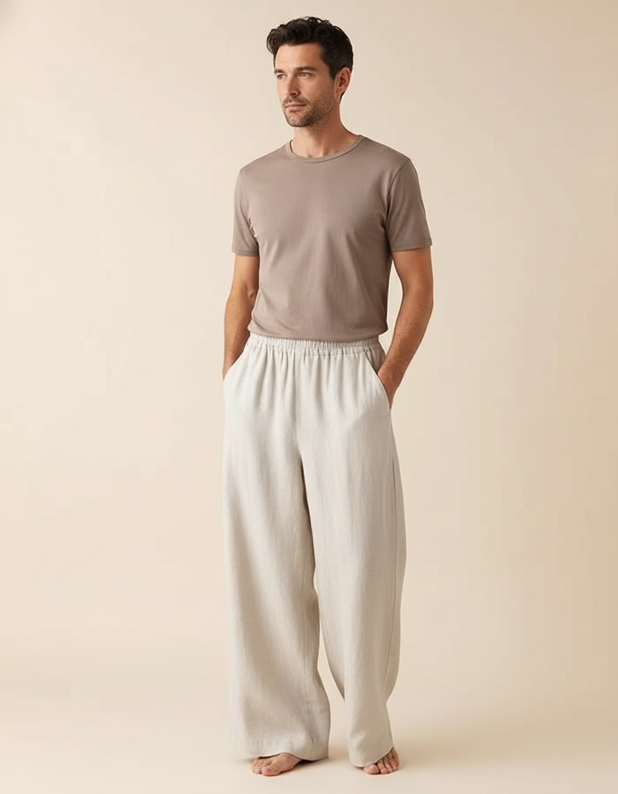 Pantalon Fluide Lin Ample Décontracté Homme - Beige
