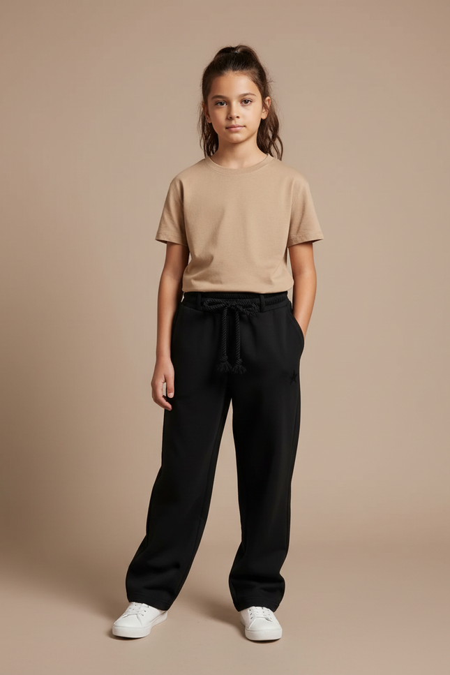Pantalon Fluide Noir Ample Molleton Cordon Fille