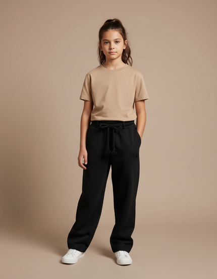 Pantalon Fluide Noir Ample Molleton Cordon Fille
