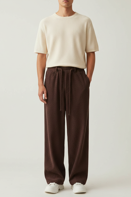 Pantalon Fluide Marron Côtelé Ample Décontracté Cordon Homme - Cordé
