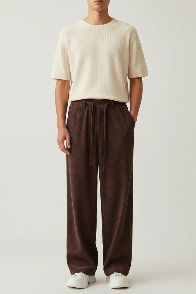 Pantalon Fluide Marron Côtelé Ample Décontracté Cordon Homme - Cordé