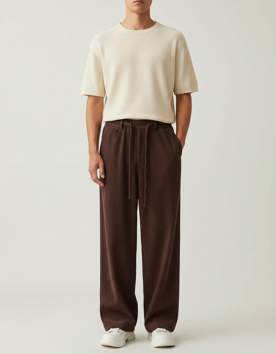 Pantalon Fluide Marron Côtelé Ample Décontracté Cordon Homme - Cordé