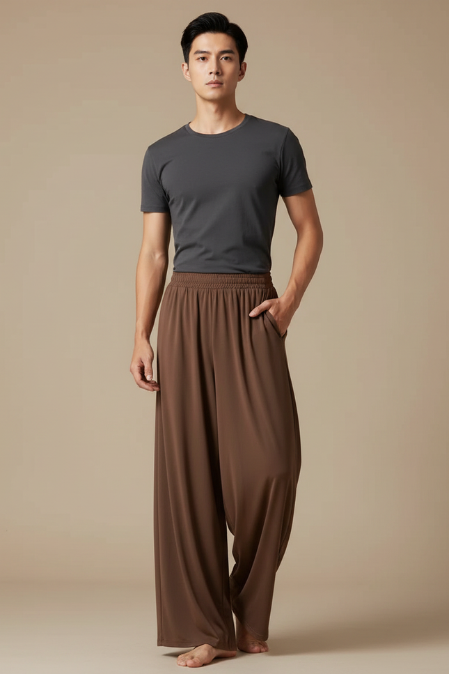 Pantalon Fluide Marron Ample Décontracté Homme Uni - Polyester
