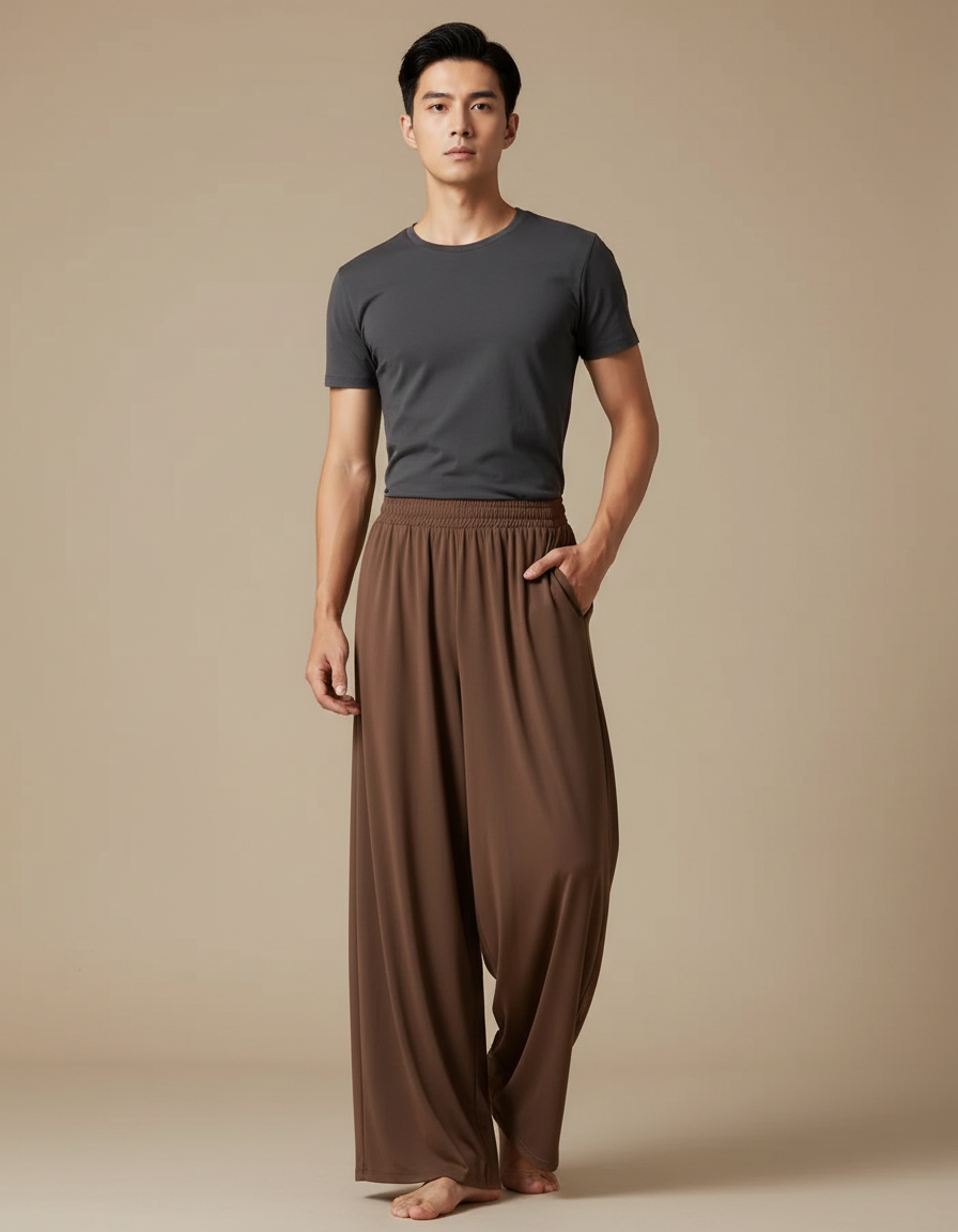 Pantalon Fluide Marron Ample Décontracté Homme Uni - Polyester