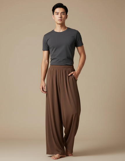 Pantalon Fluide Marron Ample Décontracté Homme Uni - Polyester
