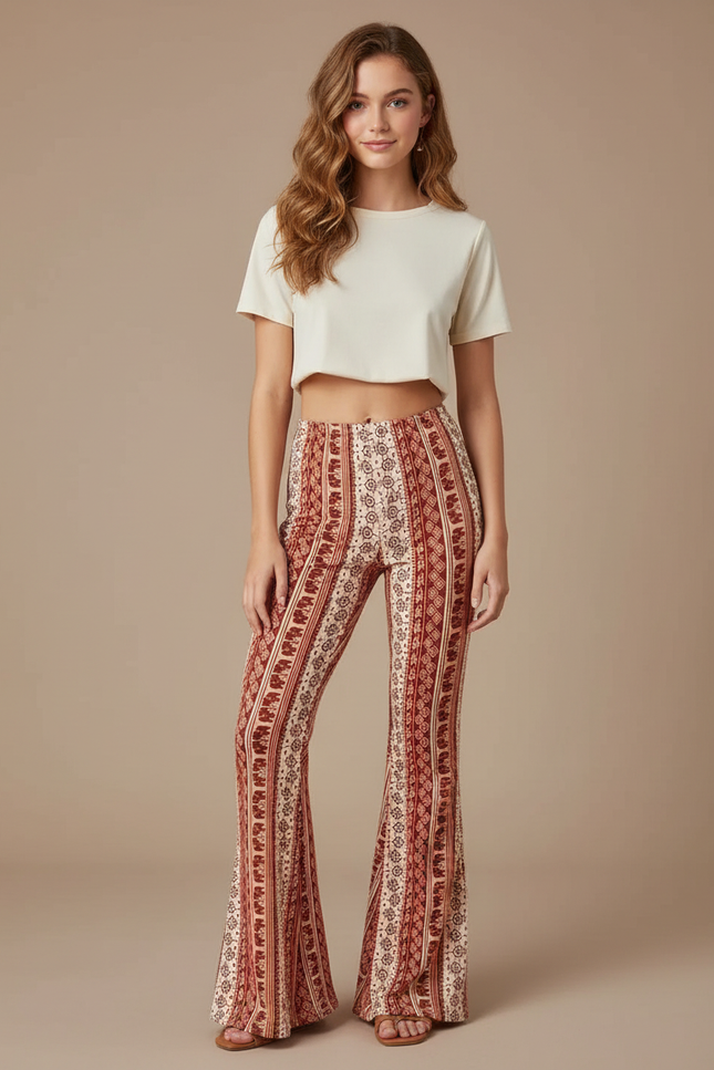 Pantalon Fluide Évasé Imprimé Bohème Confortable - Multicolore Viscose