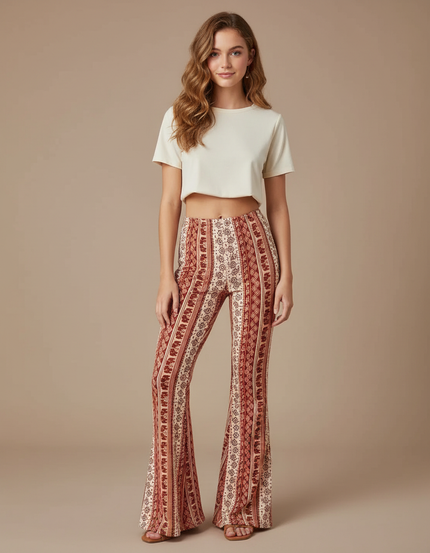 Pantalon Fluide Évasé Imprimé Bohème Confortable - Multicolore Viscose