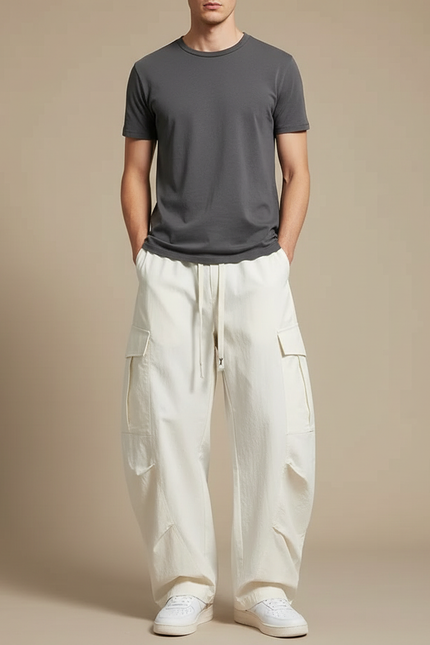 Pantalon Fluide Écru Cargo Ample Cordon Homme Décontracté - Blanc Toile