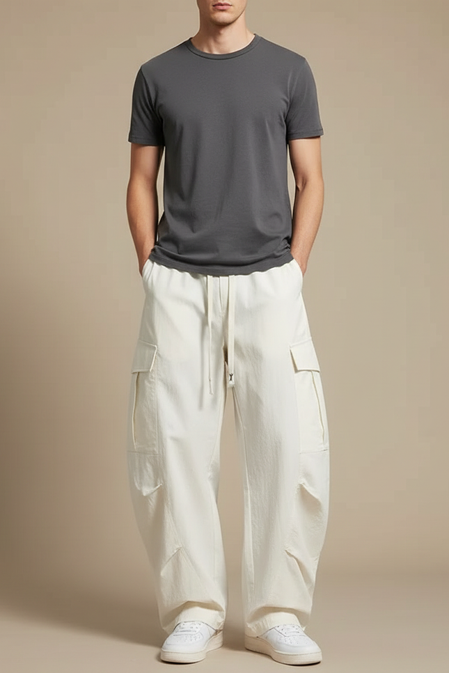 Pantalon Fluide Écru Cargo Ample Cordon Homme Décontracté - Blanc Toile