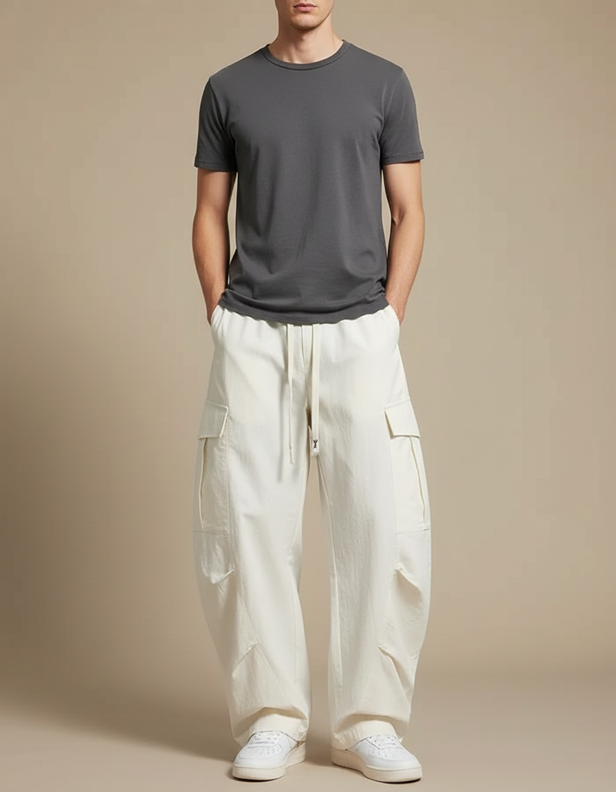 Pantalon Fluide Écru Cargo Ample Cordon Homme Décontracté - Blanc Toile