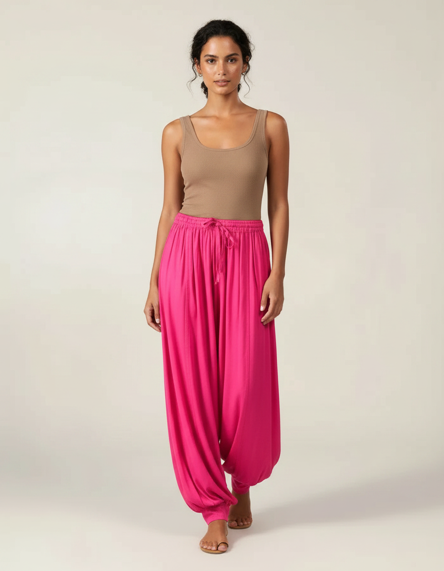 Pantalon Fluide Fuschia Ample Harem Décontracté - Rose Viscose
