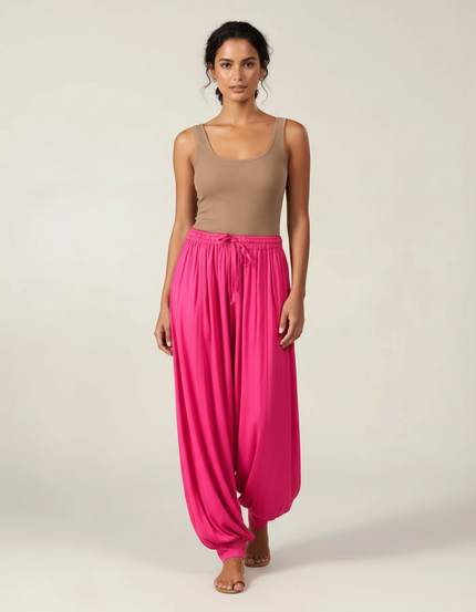 Pantalon Fluide Fuschia Ample Harem Décontracté - Rose Viscose