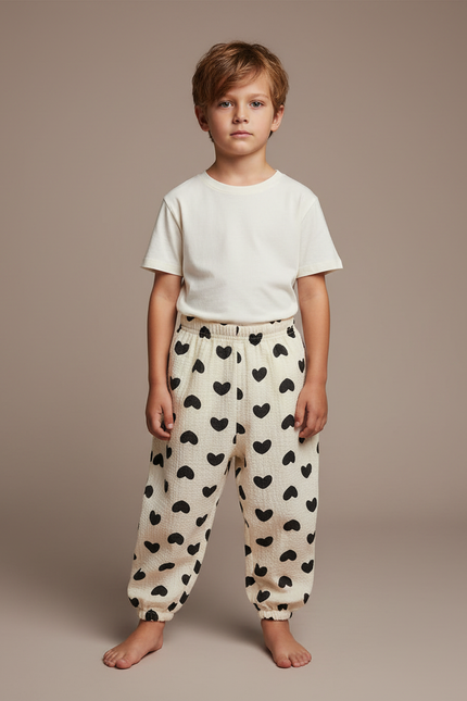 Pantalon Fluide Écru Cœurs Noirs Ample Enfants Coton - Beige