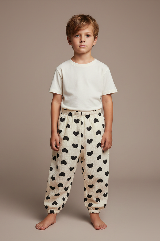 Pantalon Fluide Écru Cœurs Noirs Ample Enfants Coton - Beige
