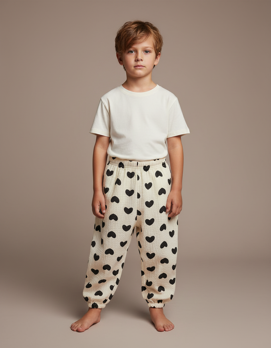 Pantalon Fluide Écru Cœurs Noirs Ample Enfants Coton - Beige