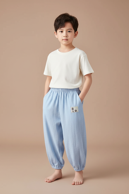 Pantalon Fluide Bleu Coton Ample Brodé Unisexe - Lin