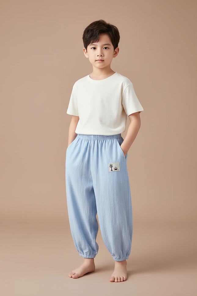 Pantalon Fluide Bleu Coton Ample Brodé Unisexe - Lin