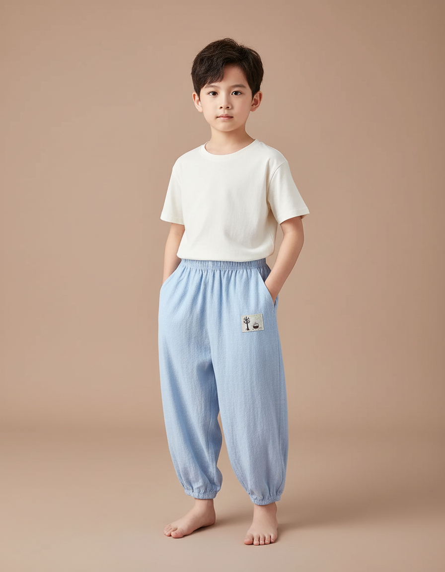 Pantalon Fluide Bleu Coton Ample Brodé Unisexe - Lin