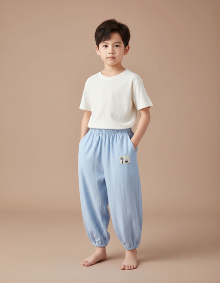 Pantalon Fluide Bleu Coton Ample Brodé Unisexe - Lin