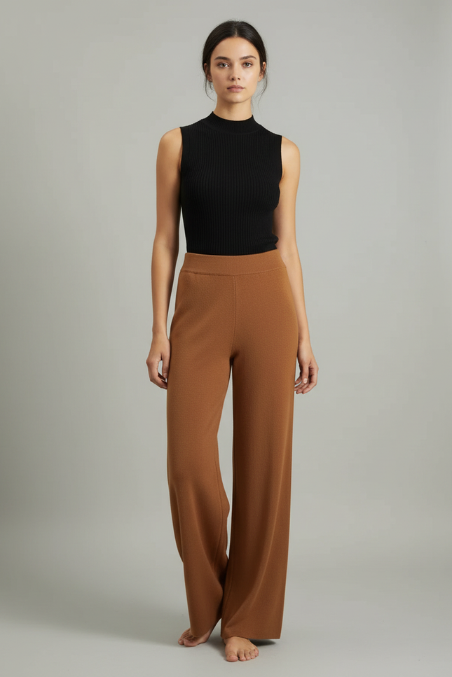 Pantalon Fluide Marron Ample Tricoté Confortable Élégant - Maille
