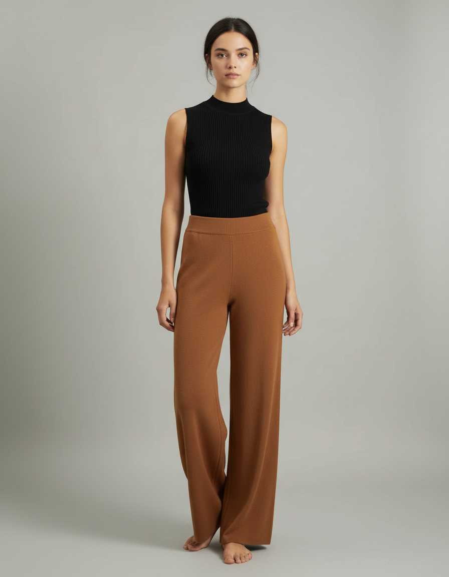 Pantalon Fluide Marron Ample Tricoté Confortable Élégant - Maille