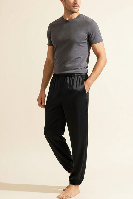 Pantalon Fluide Noir Satin Ample Homme Décontracté