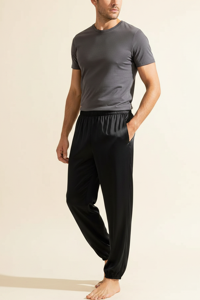 Pantalon Fluide Noir Satin Ample Homme Décontracté