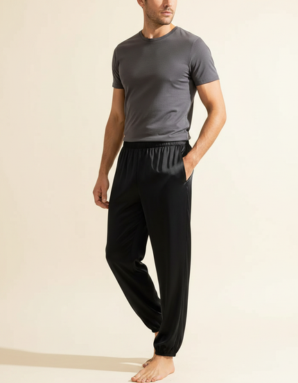 Pantalon Fluide Noir Satin Ample Homme Décontracté