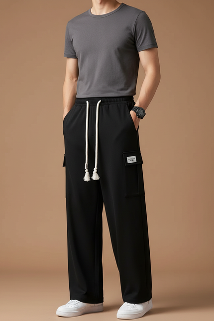 Pantalon Fluide Noir Ample Coton Cargo Décontracté