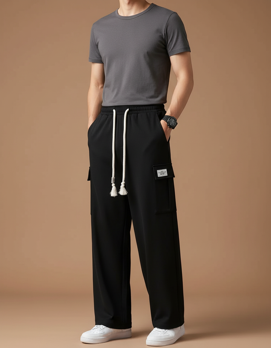 Pantalon Fluide Noir Ample Coton Cargo Décontracté
