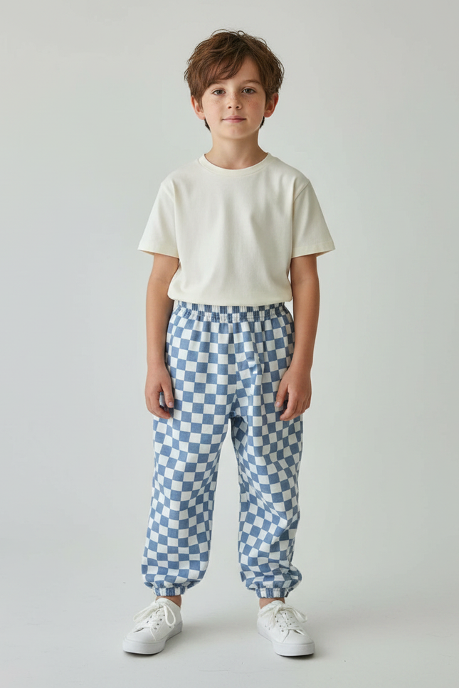 Pantalon Fluide Carreaux Bleus Ample Confortable Enfant - Molleton