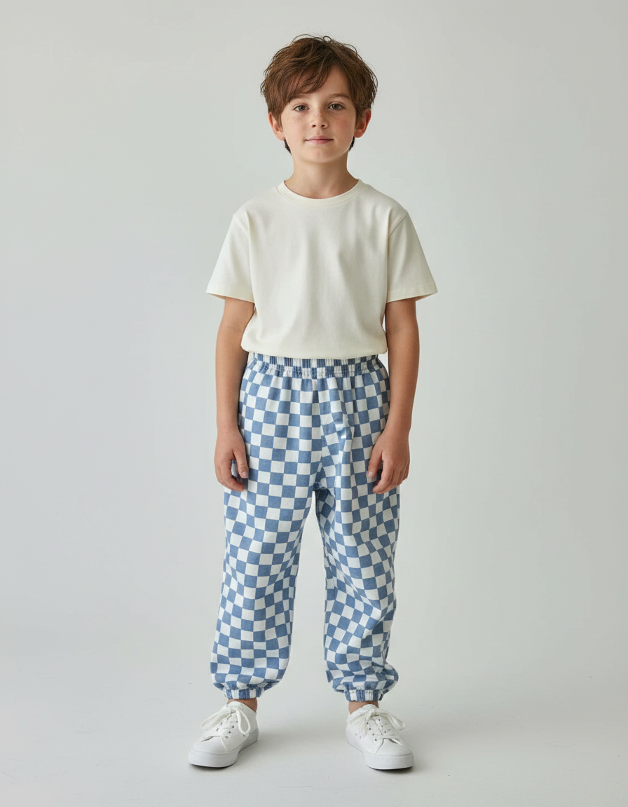 Pantalon Fluide Carreaux Bleus Ample Confortable Enfant - Molleton