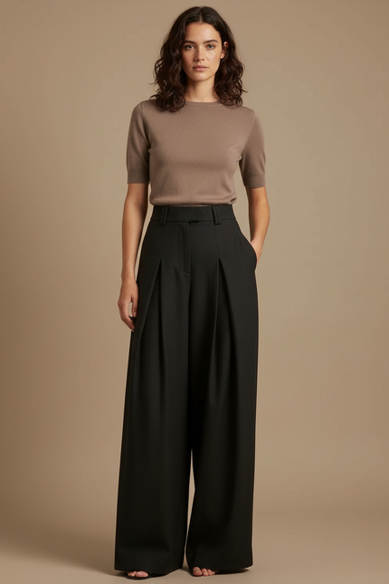 Pantalon Fluide Femme Noir Palazzo Crêpe Chic Mi-saison - Viscose