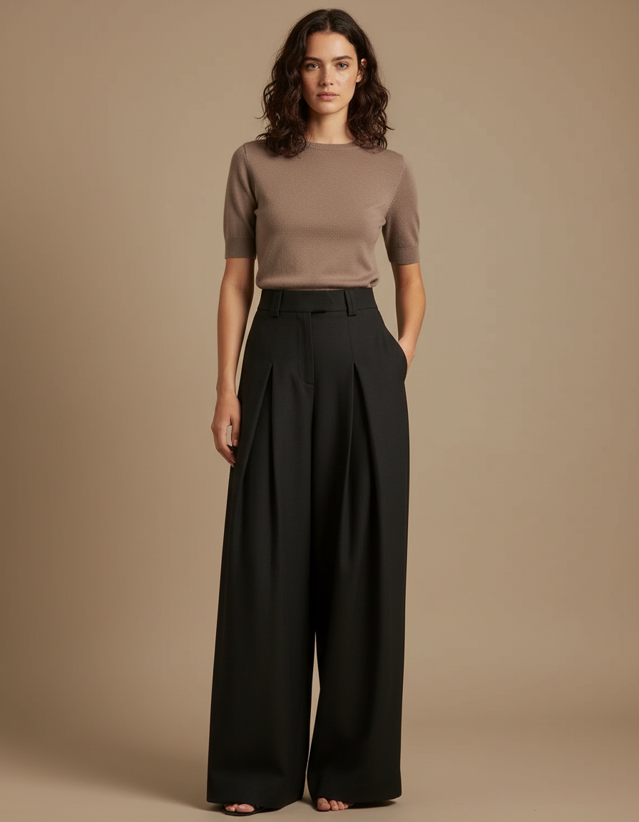 Pantalon Fluide Femme Noir Palazzo Crêpe Chic Mi-saison - Viscose