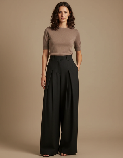 Pantalon Fluide Femme Noir Palazzo Crêpe Chic Mi-saison - Viscose