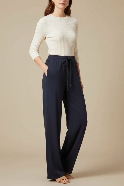 Pantalon Fluide Bleu Marine Ample Cordon Tissu Doux - Viscose