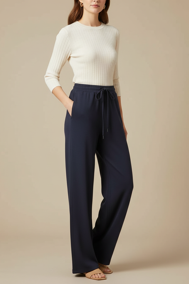 Pantalon Fluide Bleu Marine Ample Cordon Tissu Doux - Viscose