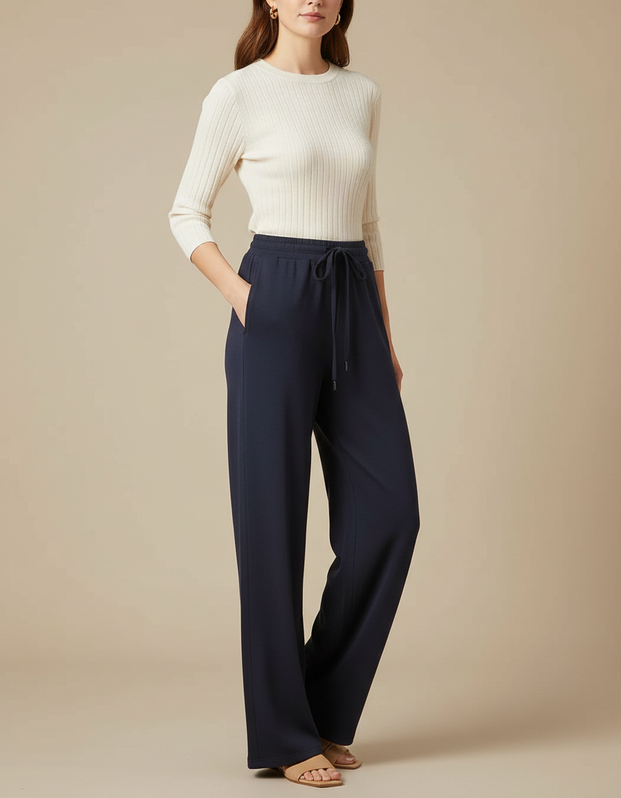 Pantalon Fluide Bleu Marine Ample Cordon Tissu Doux - Viscose