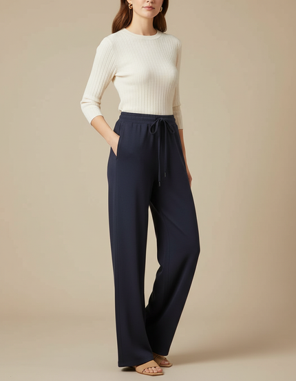 Pantalon Fluide Bleu Marine Ample Cordon Tissu Doux - Viscose