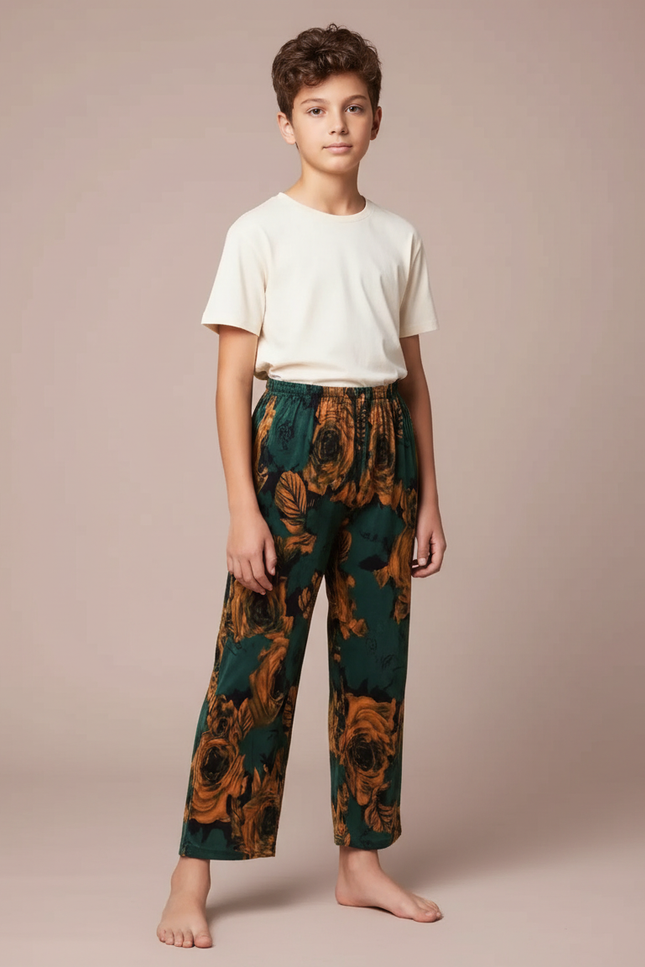 Pantalon Fluide Vert Motif Floral Ample Confortable - Viscose