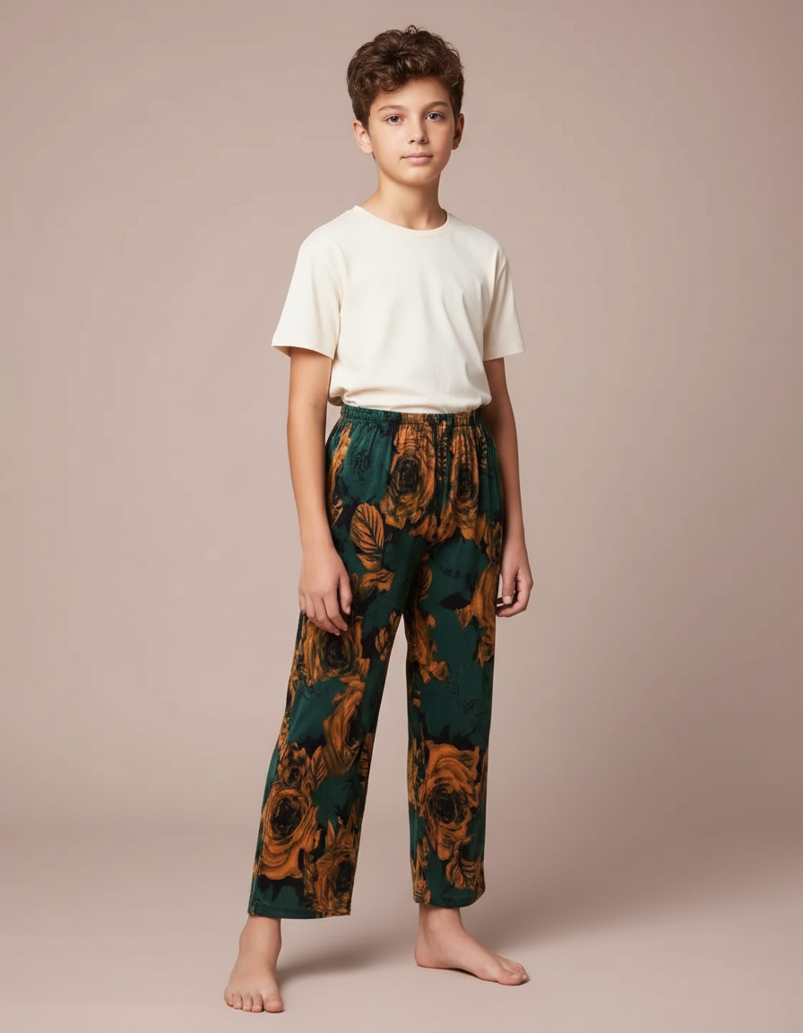 Pantalon Fluide Vert Motif Floral Ample Confortable - Viscose