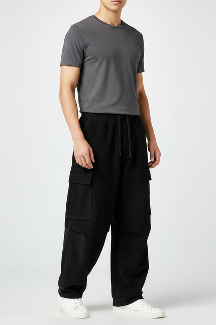 Pantalon Fluide Noir Ample Cargo Côtelé Homme - Cordé