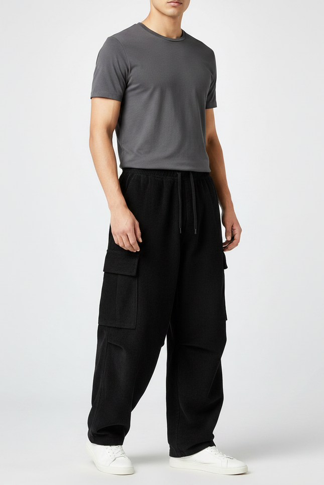 Pantalon Fluide Noir Ample Cargo Côtelé Homme - Cordé