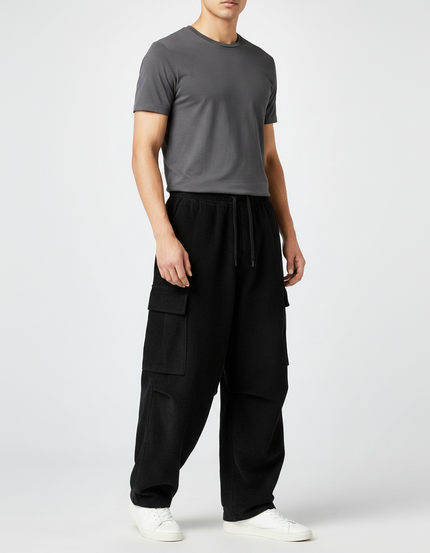 Pantalon Fluide Noir Ample Cargo Côtelé Homme - Cordé