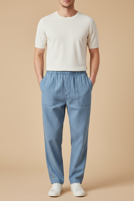 Pantalon Fluide Homme Bleu Ciel Droit Décontracté - Lin