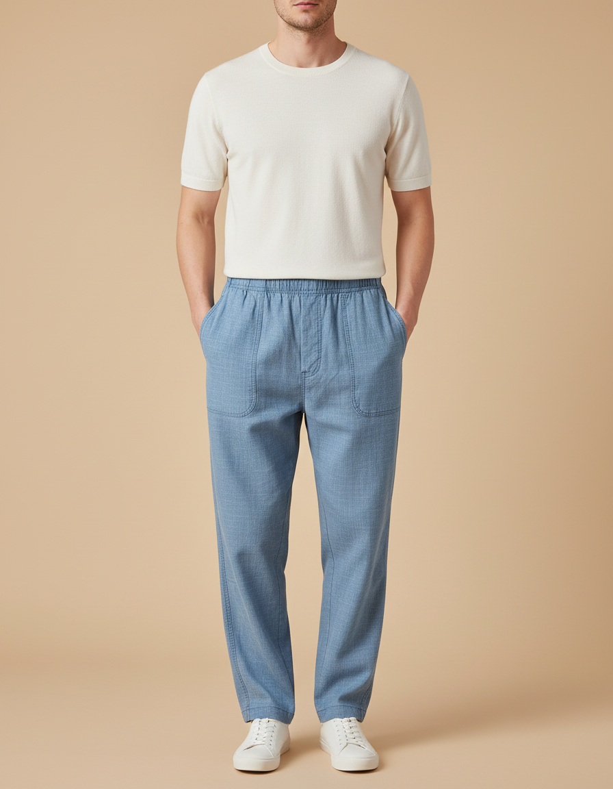 Pantalon Fluide Homme Bleu Ciel Droit Décontracté - Lin