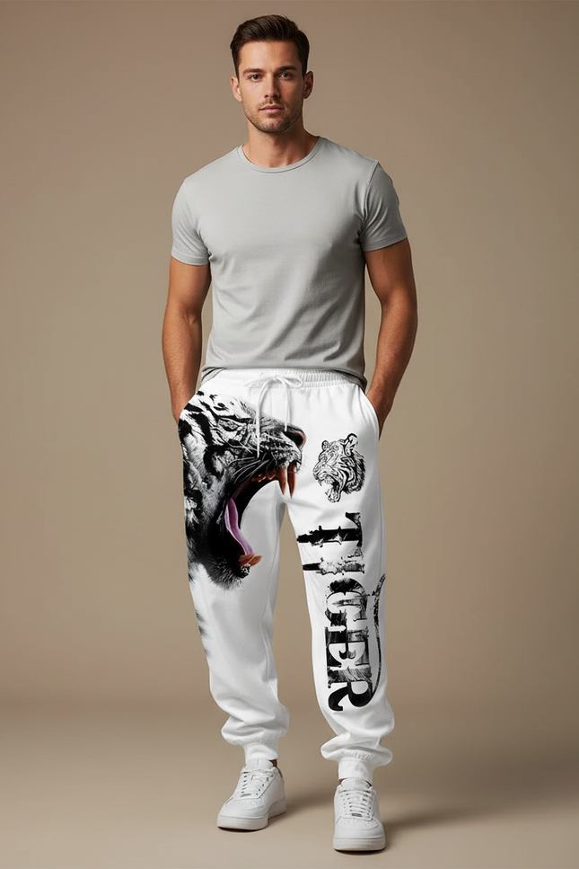 Pantalon Fluide Blanc Imprimé Tigre Ample Sportswear Homme - Molleton